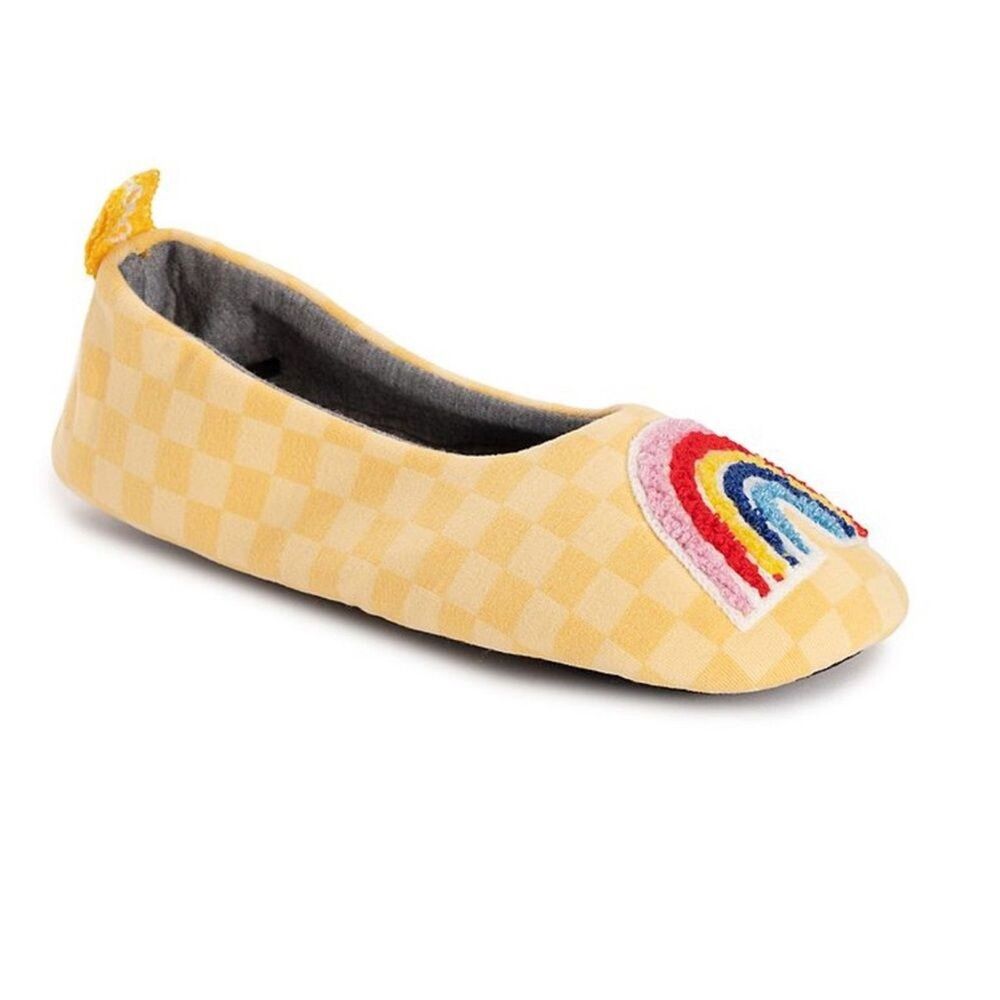 Muk Luks Ballerina Slippers NEW Yellow Rainbow Size 9-10 Large Pull On Flat